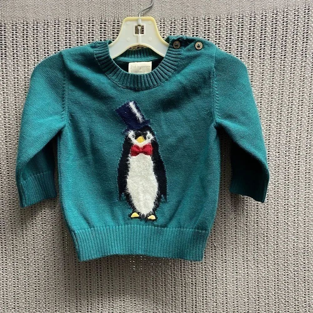 Boys first impressions green penguin sweater